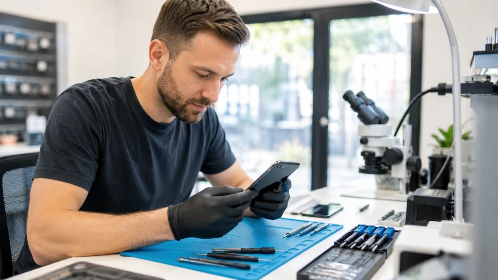 Technician diagnosing an iPhone charging problem in Toronto