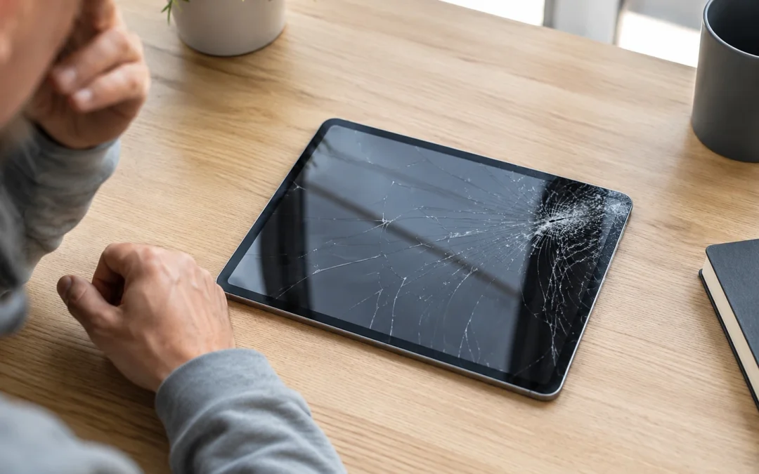 Cracked iPad screen on a table before repair in Toronto