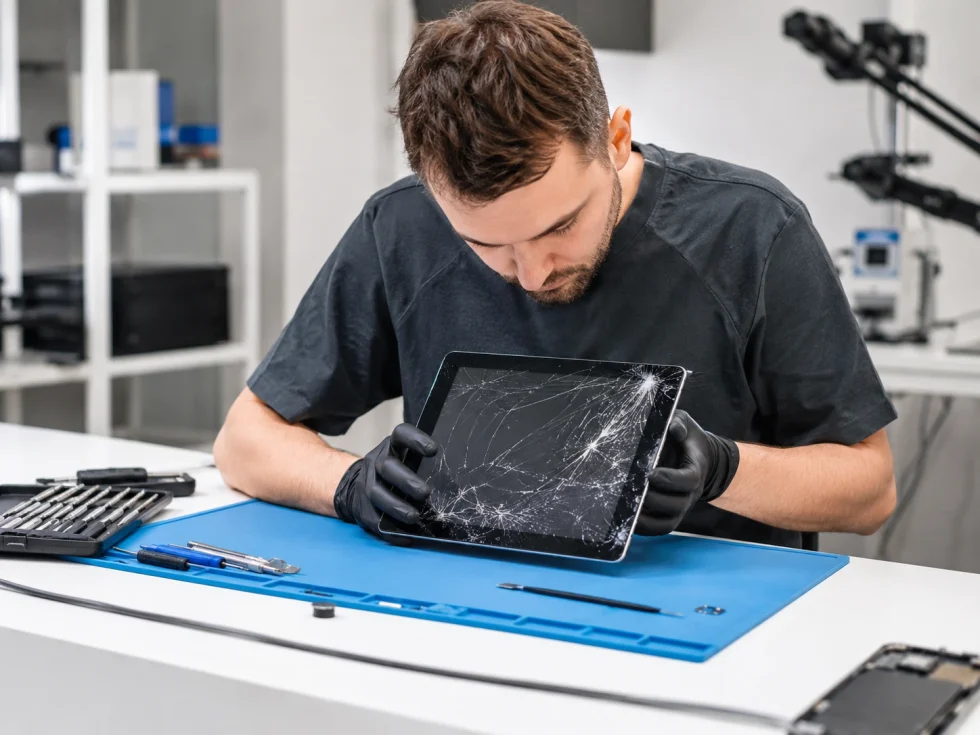 Technician Inspecting Cracked Ipad Why In-Store Diagnosis Matters